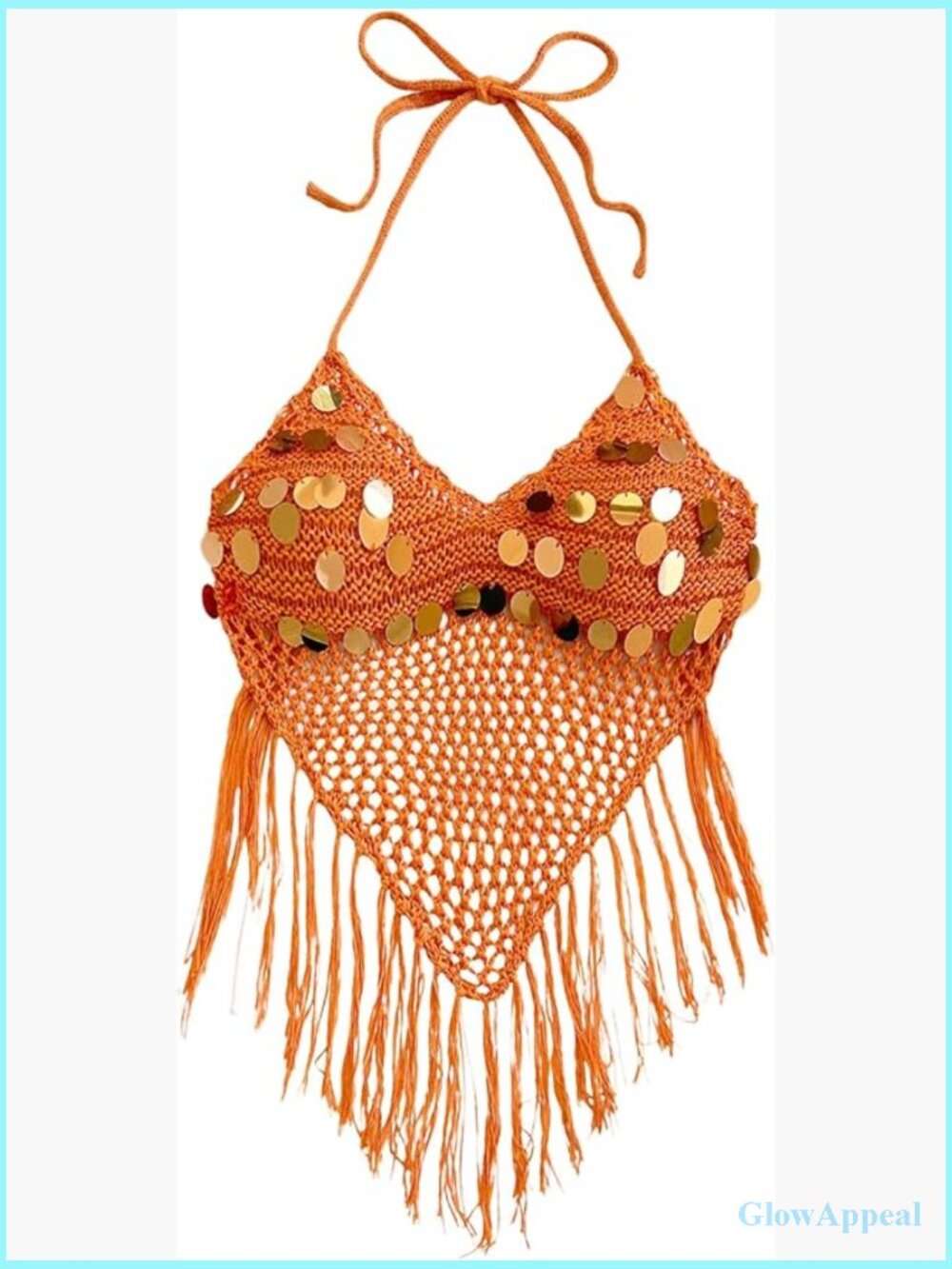 Sequin Hollow Out Crochet Crop Halter Top Boho Tie Backless Asymmetrical Fringe